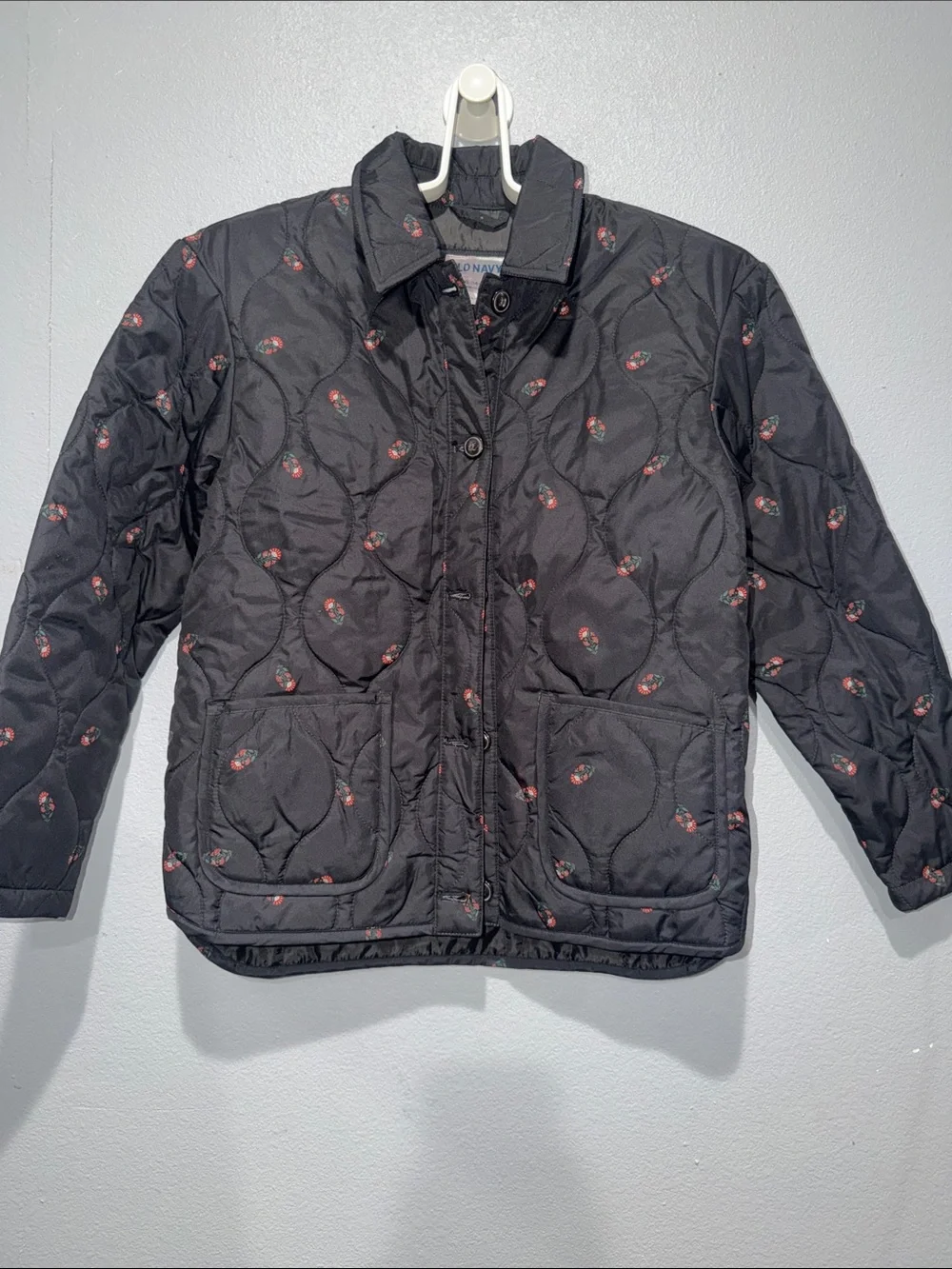 Old Navy Black Quilted Puffer Jacket with Red Floral Dots